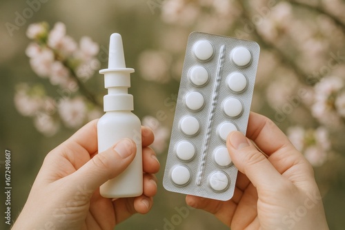 Hands holding nasal spray and blister pack of tablets, concept of allergy relief, seasonal hay fever treatment
