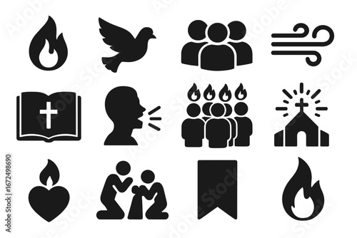 Pentecost Symbols Icons. Solid style icons of Pentecost: tongues of fire, descending dove, disciples gathered, rushing wind, open