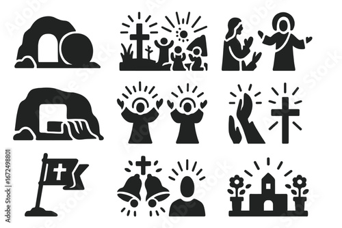 Easter Resurrection Icons. Solid style icons of Easter Sunday scenes: empty grave, worship at sunrise, joyful congregation, Christ