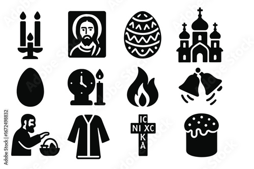 Orthodox Easter Symbols. Solid style icons of Eastern Orthodox Easter: triple candle, icon of Christ, painted pysanky, church with