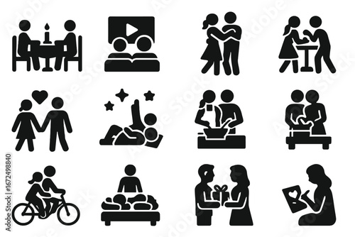 Romantic Activities Icons. Solid style icons of romantic activities: candlelit dinner, watching movie, dancing together, sharing