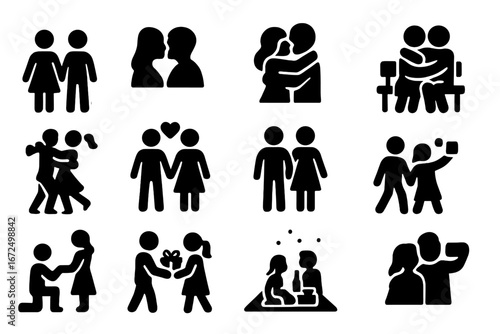 Valentine Couples Icons. Solid style icons of Valentine couples: holding hands, kissing silhouette, hugging pair, dancing lovers,