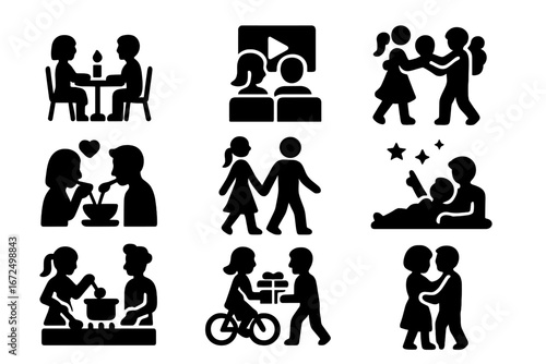 Romantic Activities Icons. Solid style icons of romantic activities: candlelit dinner, watching movie, dancing together, sharing