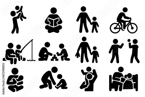Dads and Children Icons. Solid style icons of dads with children: lifting child, reading a book, walking together, riding bike,