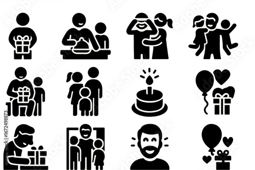 Father's Day Surprises. Solid style icons of Father’s Day surprises: hiding gift, breakfast reveal, blindfold moment, jumping hug,
