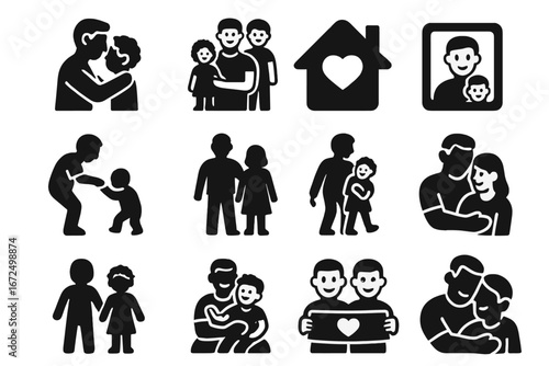 Adoptive and Foster Dads. Solid style icons of adoptive and foster dads: welcoming hug, diverse family, home with heart, first