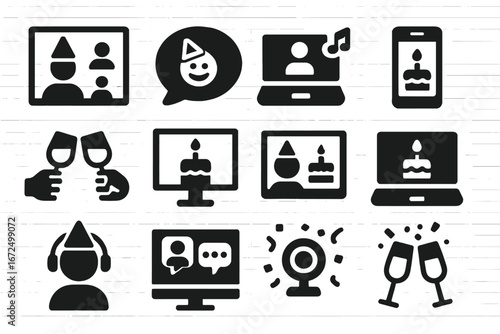 Virtual Birthday Icons. Solid style icons of virtual birthday celebration: video call screen, birthday emoji chat, online party