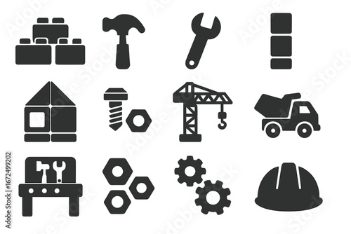 Building Toys Icons. Solid style icons of building toys: interlocking bricks, toy hammer, mini wrench, block tower, magnetic tiles