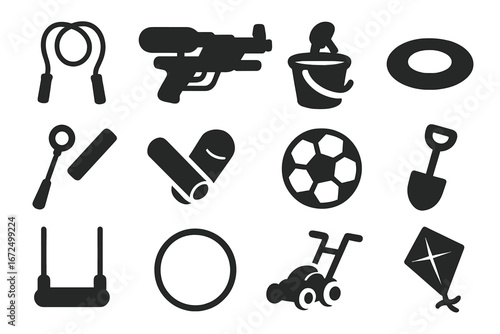 Outdoor Toy Icons. Solid style icons of outdoor toys: jump rope, water gun, beach bucket, flying disc, bubble wand, chalk stick,