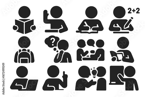 Students Learning Icons. Solid style icons of students and learning: reading book, raising hand, writing notes, solving math,