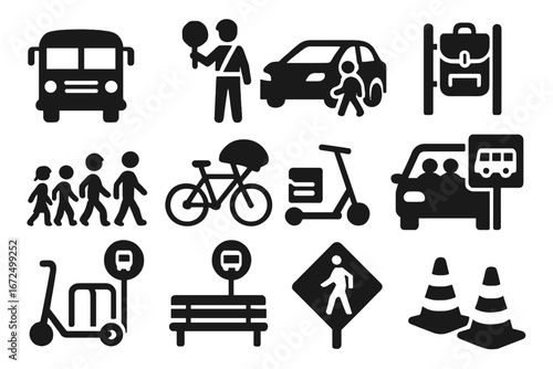 School Transport Icons. Solid style icons of school transport: yellow school bus, crossing guard, student drop-off, backpack at