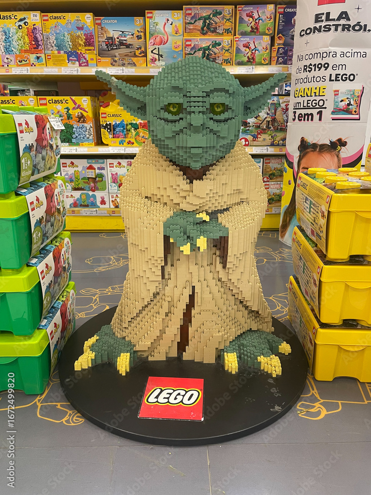 Fototapeta premium A big Yoda made from Lego. Star Wars lego. In a store in Sao Paulo Brazil.