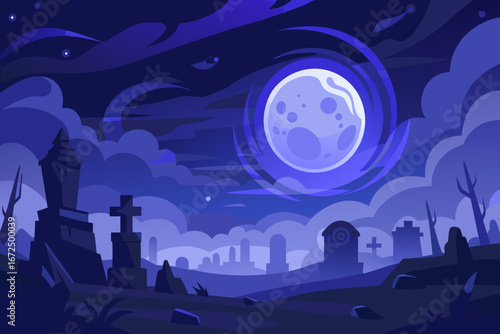 Spooky cemetery under a swirling blue moon