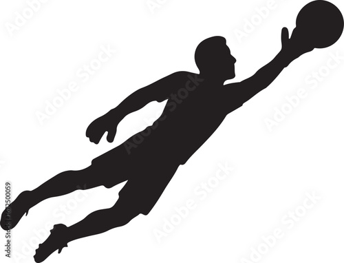 Black silhouette of a soccer goalkeeper diving to catch a ball catching