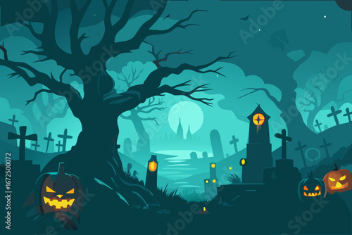 Spooky halloween graveyard scene with glowing pumpkins and a full moon