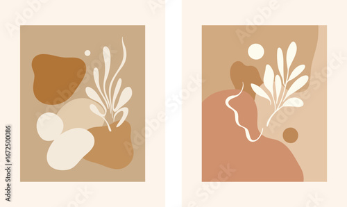 Abstract Boho Botanical Wall Art Set of 2 - Minimal Neutral Shapes and Plant Leaves Vector Illustration