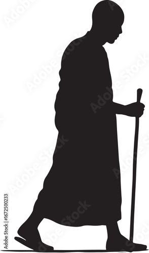 Silhouette of a bald man in a robe walking with a cane vector