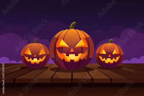 Three glowing jack o lanterns on a wooden surface under a purple night sky
