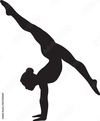 Black silhouette of a female gymnast performing a handstand with legs split gymnastics woman