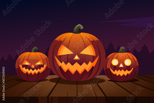 Three spooky jack o lanterns on a wooden table at night