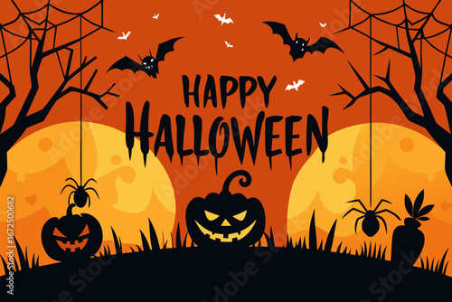 Happy halloween with spooky bats spiders and jack o lanterns