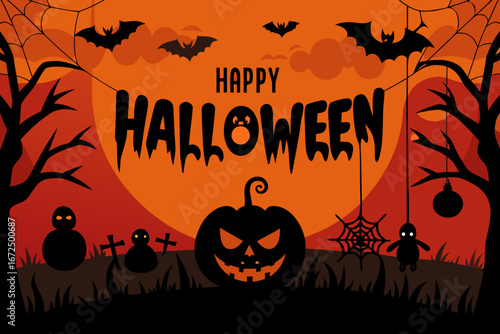 Happy halloween with bats pumpkins and spooky silhouettes