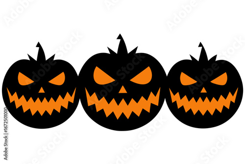Three spooky orange jack o lantern faces on black background