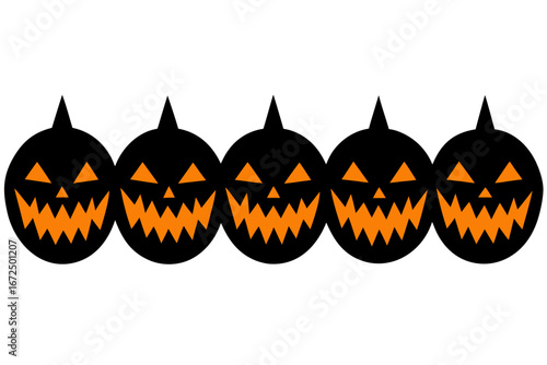 Row of five spooky orange jack o lantern faces on black background