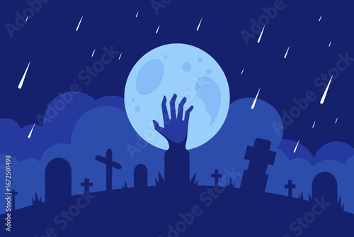 Zombie hand rises from graveyard under full moon