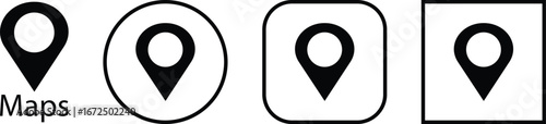 Map location pin icon set, black GPS marker collection, navigation point group, flat and line style symbols, geolocation pointer bundle with destination, position, place, and spot synonyms