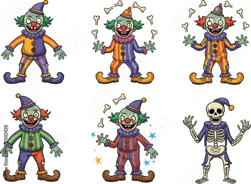 Wallpaper Mural Creepy clown zombie characters in colorful costumes with green hair, juggling bones, skeleton clown, spooky Halloween undead illustrations Torontodigital.ca