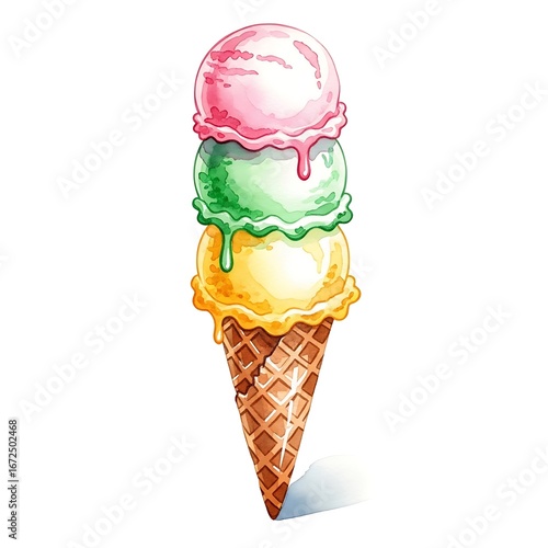 Delicious triple scoop ice cream cone with strawberry green and yellow flavors