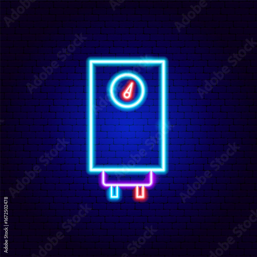 Water Hot Boiler Neon Sign. Vector Illustration of Bright Plumber Object in Glowing Style. Heat Led Lamp Icon over Dark Blue Brick Background.