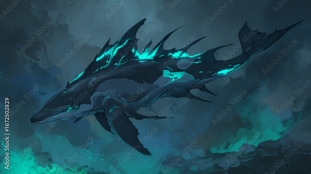 Obraz premium Dark fantasy dolphin with bioluminescent markings in eerie blue light