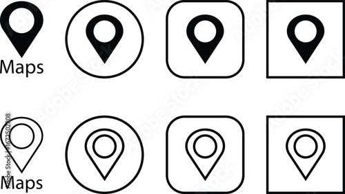Map location pin icon set, black GPS marker collection, navigation point group, flat and line style symbols, geolocation pointer bundle with destination, position, place, and spot synonyms