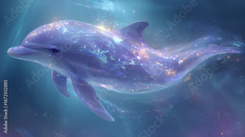 Celestial dolphin swimming through cosmic magic effects