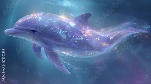 Fototapeta samoprzylepna Celestial dolphin swimming through cosmic magic effects