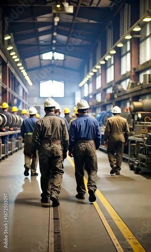 Workers walking in factory interior well lit industrial setting
