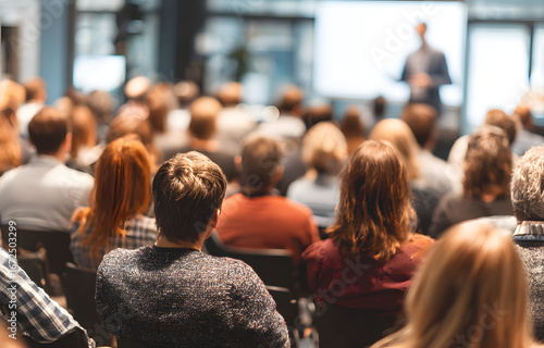 Audience Listens to Lecturer at a Conference MeetingSeminar Training. Group ofPeople Hear Presenter GiveSpeech . Corporate ManagerSpeaker Gives Business Tecnology and Economic Forecat.