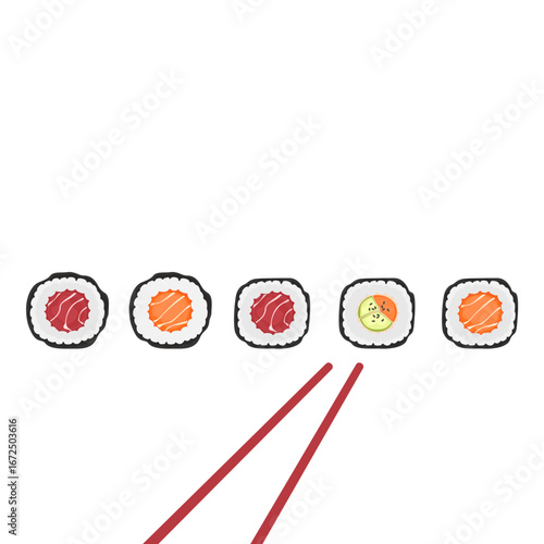Set of various types of sushi vector. Delicious food. Popular Japanese food. Three pieces of Maki Sushi lined up. Two pairs of chopsticks are holding sushi. For food menu design, poster and background