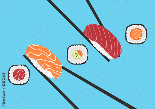 Set of different types of sushi vector illustration. Delicious food. Popular Japanese food. Nigiri sushi. Raw fish on rice. Recipe. Cooking. Menu. Restaurant. For food design, poster and background.