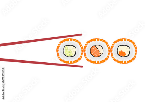 Set of various types of sushi vector. Delicious food. Popular Japanese food. Three pieces of Maki Sushi lined up. Two pairs of chopsticks are holding sushi. For food menu design, poster and background