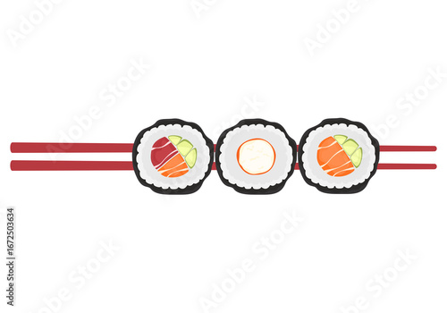 Set of various types of sushi vector. Delicious food. Popular Japanese food. Three pieces of Maki Sushi lined up. Two pairs of chopsticks are holding sushi. For food menu design, poster and background