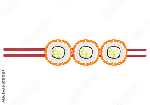 Set of various types of sushi vector. Delicious food. Popular Japanese food. Three pieces of Maki Sushi lined up. Two pairs of chopsticks are holding sushi. For food menu design, poster and background