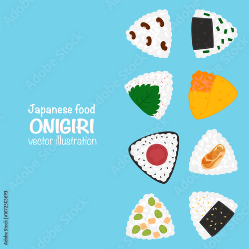 Complete vector collection of Japanese Onigiri rice balls with various toppings and fillings, isolated on a white background. Perfect for menu decoration, packaging, Asian food design and decoration.