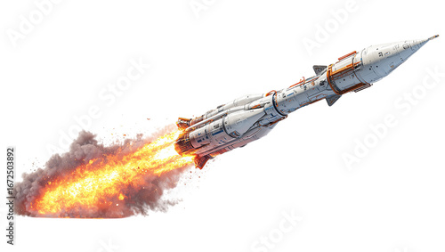 A rocket is flying through the sky with a trail of fire behind it