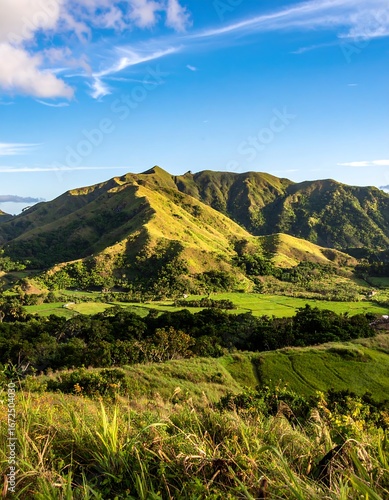 Lush valley nestled in a mountain range under a bright sky