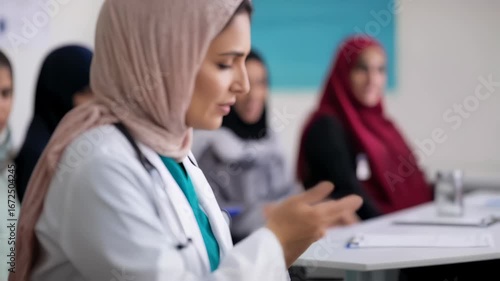 Wallpaper Mural Female Muslim healthcare worker discussing medical details, gesturing confidently while consulting with patients in professional conference setting Torontodigital.ca
