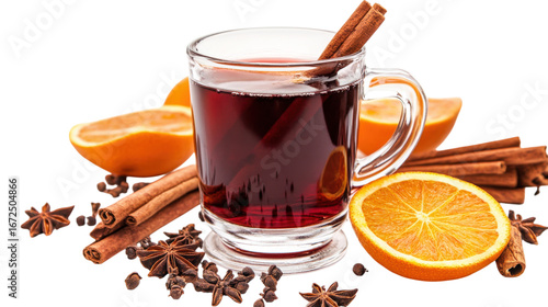 A mug of hot chocolate with orange slices and cinnamon sticks