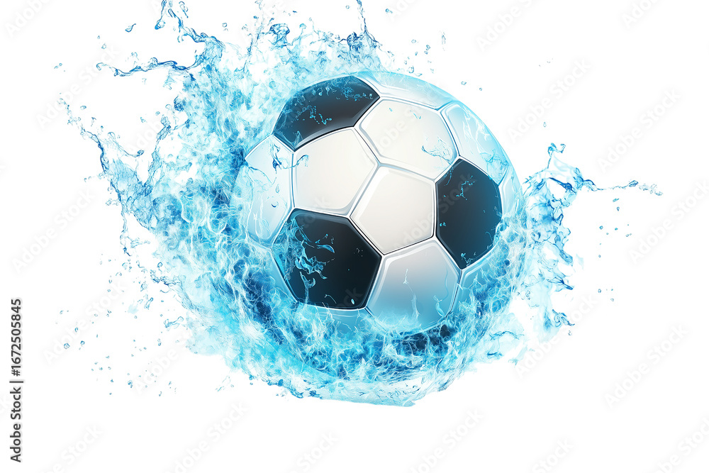 Fototapeta premium A soccer ball is surrounded by water, creating a dynamic and energetic scene